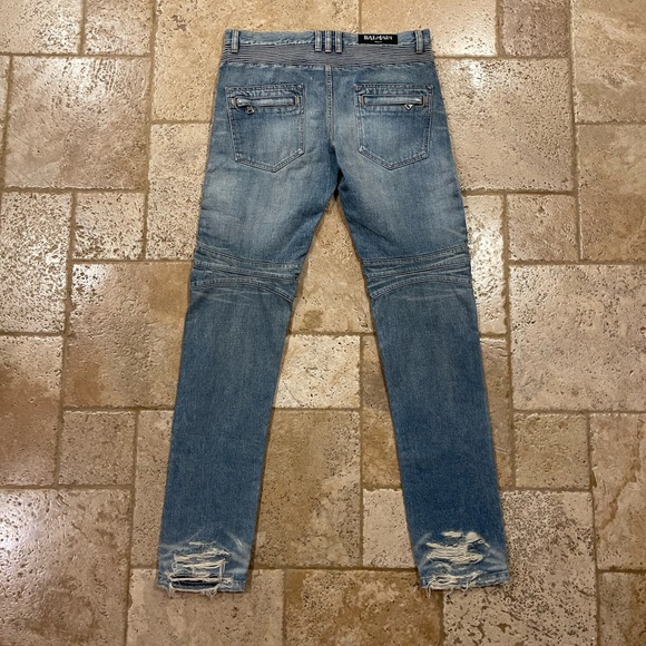 Balmain OG Distressed Moto Light Wash Blue Denim Jeans - Picture 2 of 14
